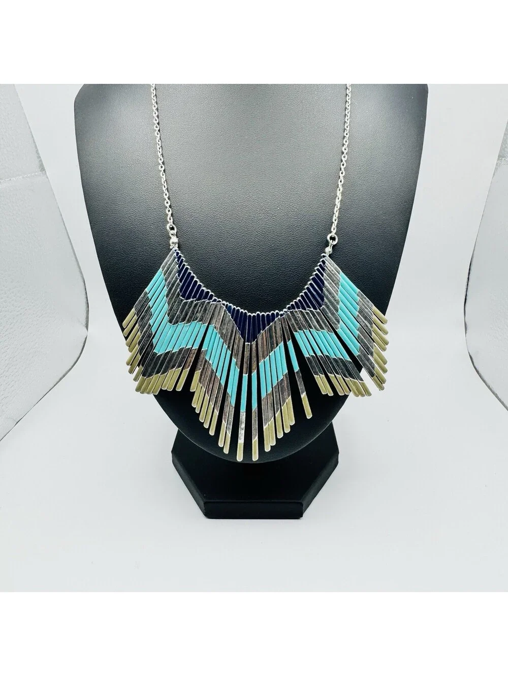Retro Boho/Tribal Statement Necklace, Metal Fringe, Silver Tone